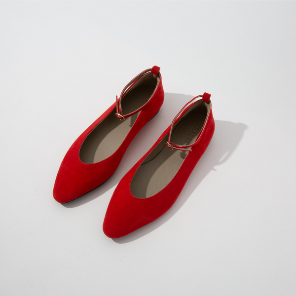 RĒDEN Women's Love Flat with Removable Ankle Strap Red Suede
